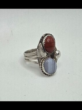 Sterling Silver Double Stone Statement Ring with Red Jasper and Blue Lace Agate